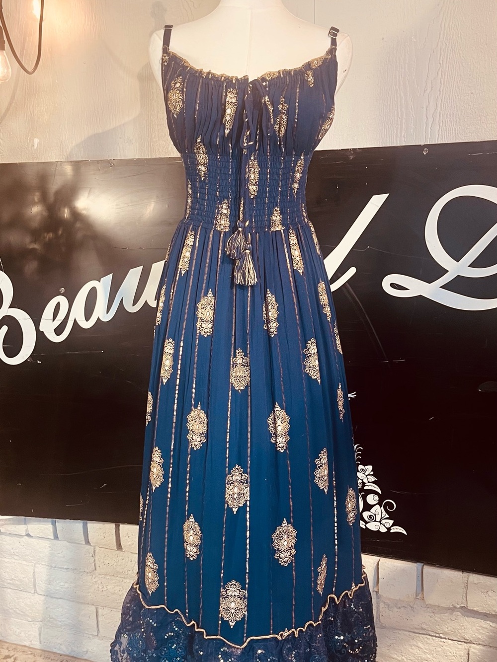 Large Summer Boho Cottage Core Smocked Navy Maxi Dress with Gold Foil Accents